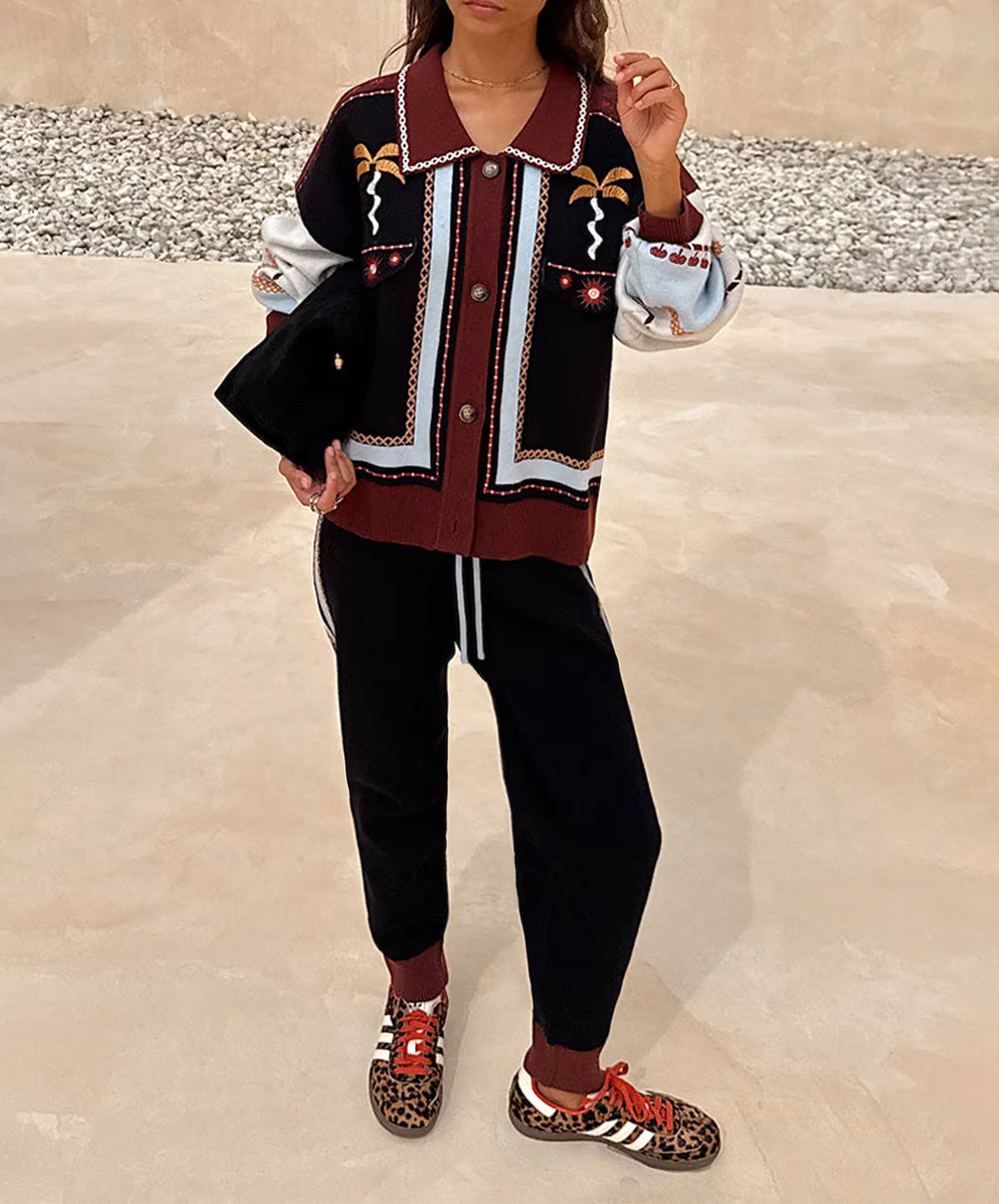 Geometric Knit Cardigan with Embroidery Detail