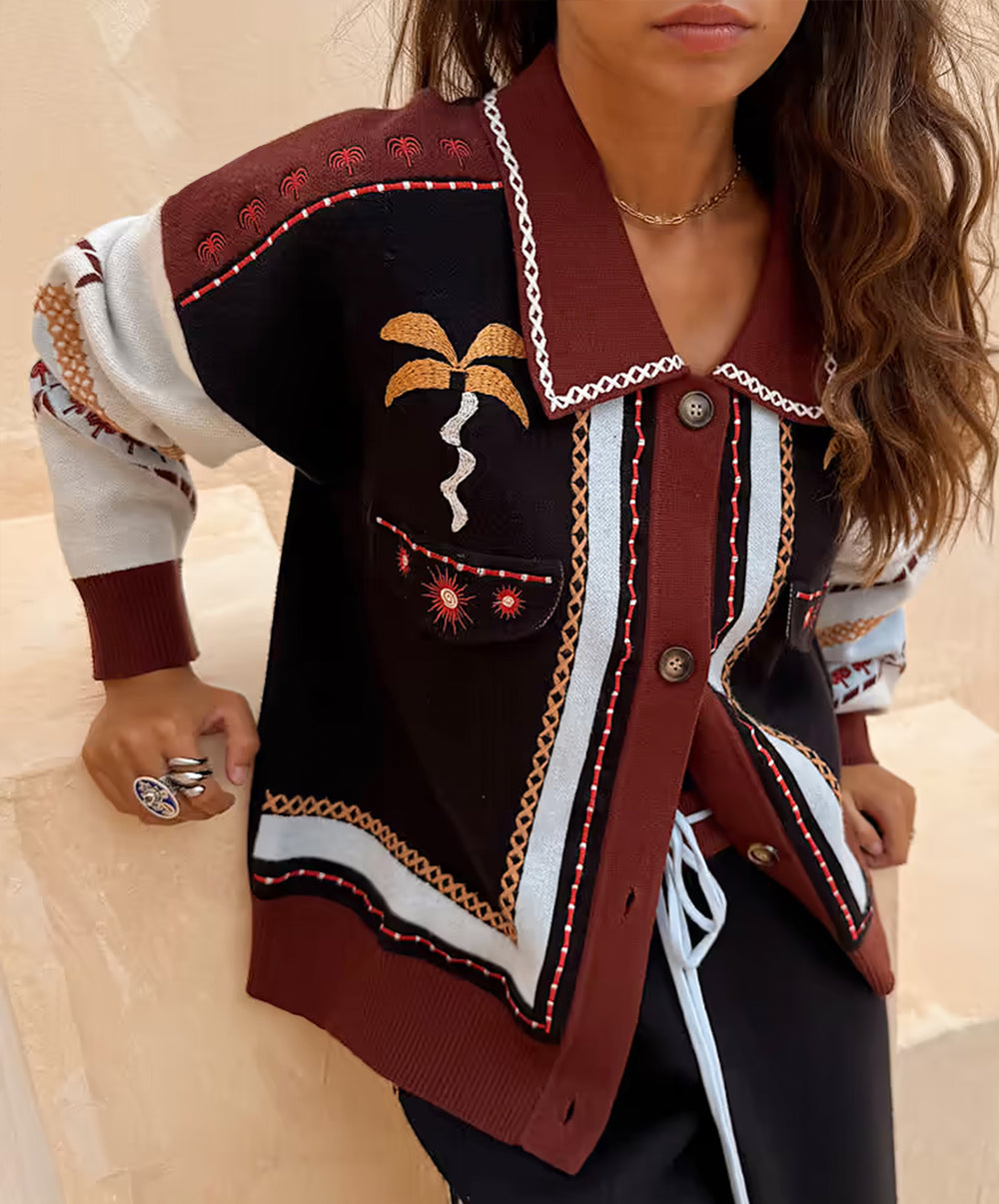 Geometric Knit Cardigan with Embroidery Detail
