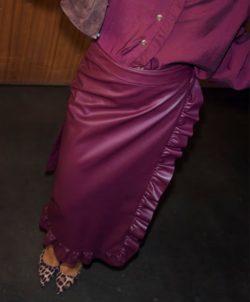 Wine Vegan Leather Ruffle Jaspre Skirt
