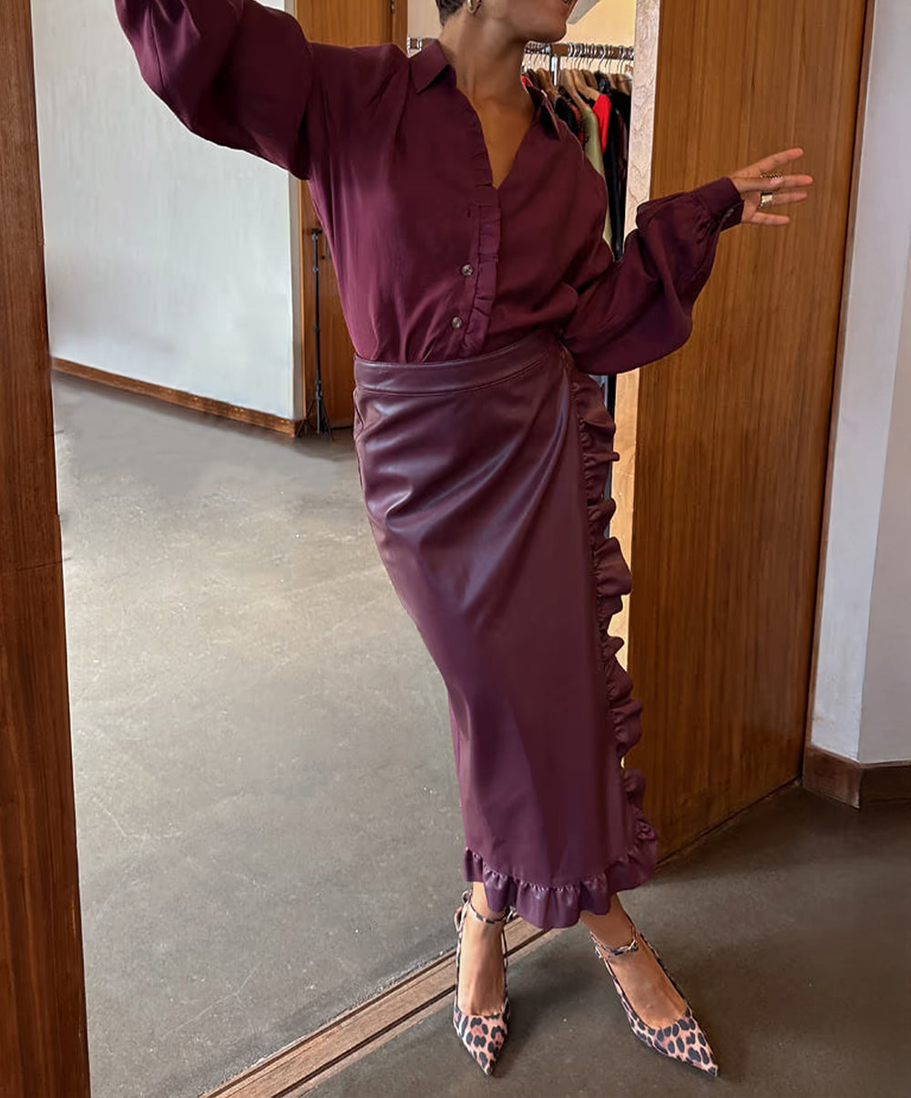 Wine Vegan Leather Ruffle Jaspre Skirt